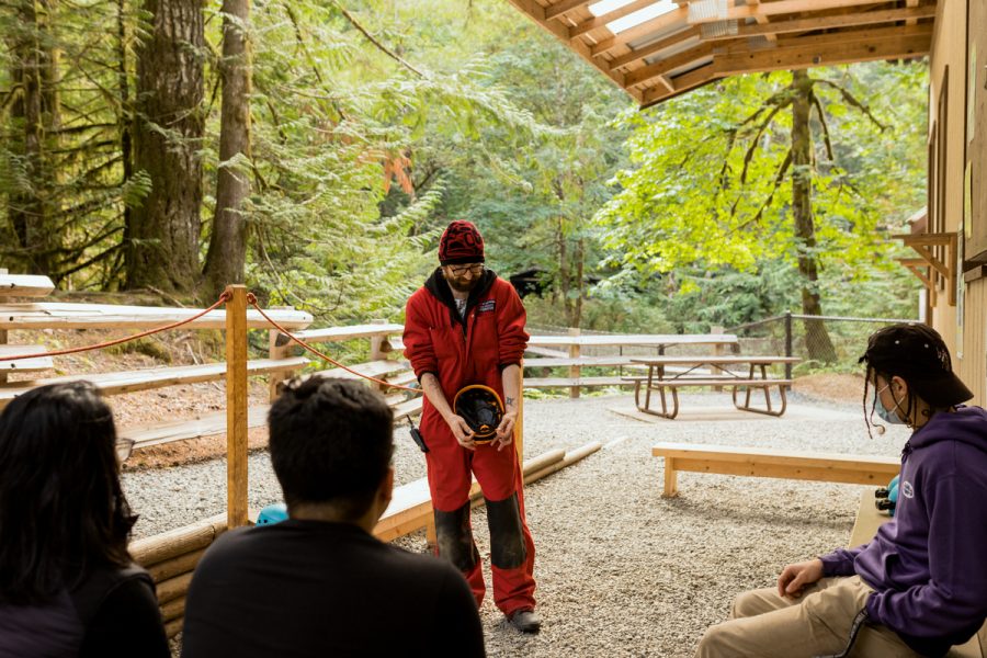 Getting ready to go underground. Horne Lake Caves has all the protective equipment you need for your cave tour. 